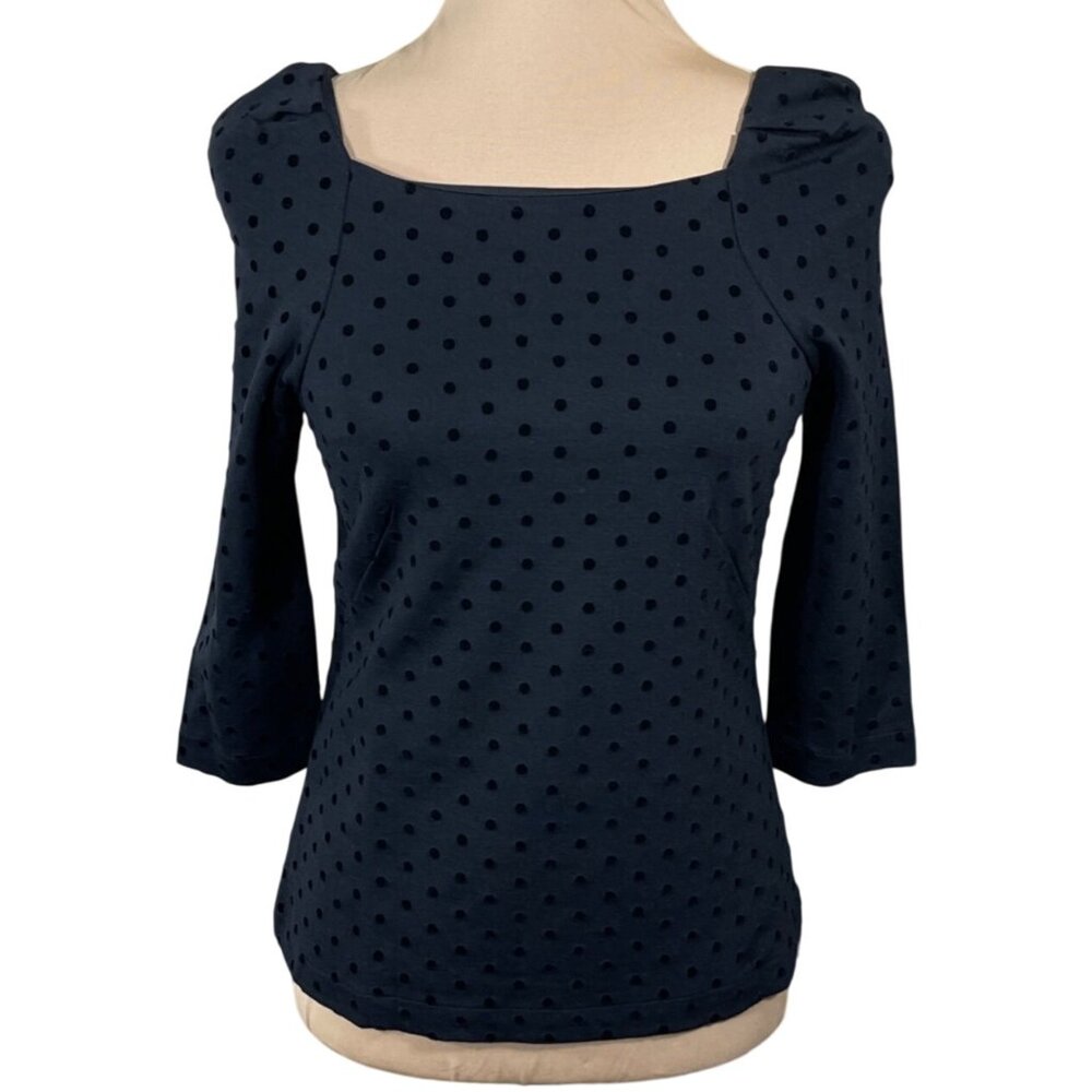 New Ann Taylor Petite Velvet Dot Top Puff Sleeve Size XSP Extra Small Black